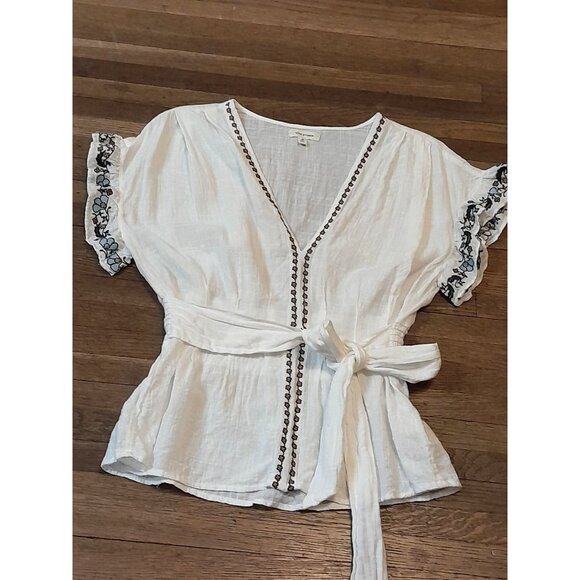 Max Studio Tops - Womens Medium Boho Embroidered Flutter Sleeve Semi Sheer Casual Summer Blouse